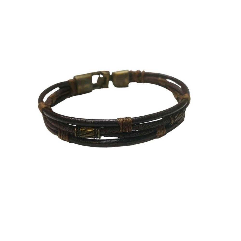 Large 8.25" Leather and Brass Multistrand Bracelet Boho Style